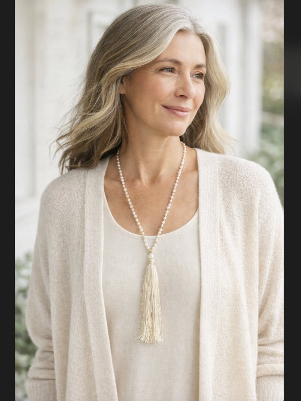 J. Jill Pearl Tassel Necklace Ivory Beaded Boho Freshwater Adjustable Cord NWT